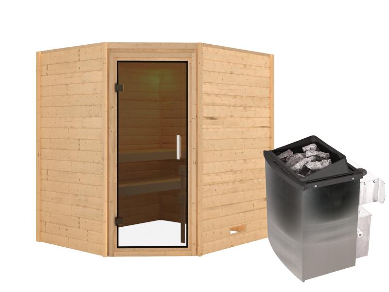 Karibu Sauna Mia inkl. 9 kW Ofen integr. Steuerung, mit moderner Saunatür -ohne Dachkranz-