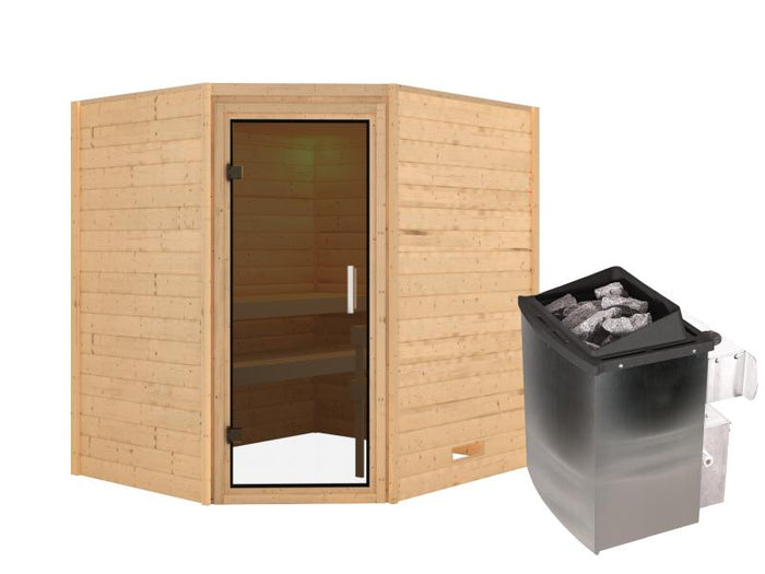 Karibu Sauna Mia inkl. 9 kW Ofen integr. Steuerung, mit moderner Saunatür -ohne Dachkranz-