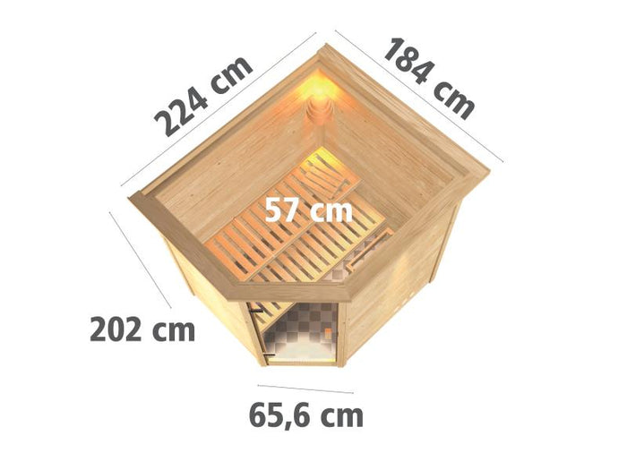 Karibu Sauna Mia inkl. 9 kW Ofen integr. Steuerung, mit moderner Saunatür -mit Dachkranz-