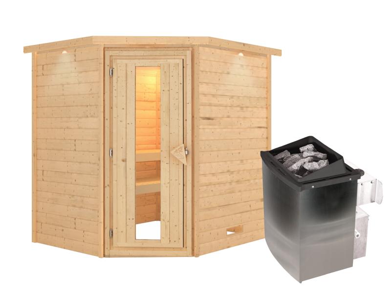 Karibu Sauna Mia inkl. 9 kW Ofen integr. Strg mit energiesparender Saunatür -mit Dachkranz-