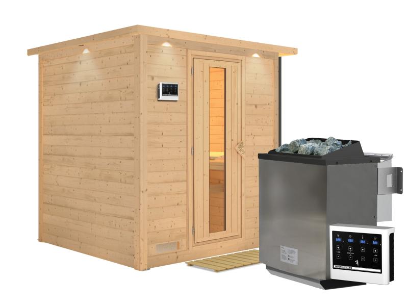 Karibu Sauna Mojave inkl. 9-kW-Bioofen mit externer Steuerung, mit Dachkranz, mit energiesparender S