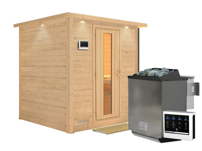 Karibu Sauna Mojave inkl. 9-kW-Bioofen mit externer Steuerung, mit Dachkranz, mit energiesparender S