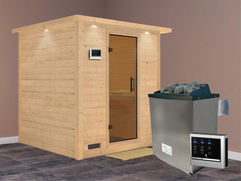 Karibu Sauna Mojave inkl. 9-kW-Ofen mit externer Steuerung, mit Dachkranz, mit moderner Saunatür