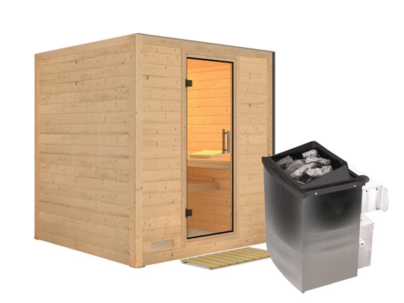 Karibu Sauna Mojave inkl. 9 kW Ofen mit int. Steuerung, ohne Dachkranz, mit Klarglas Ganzglastür