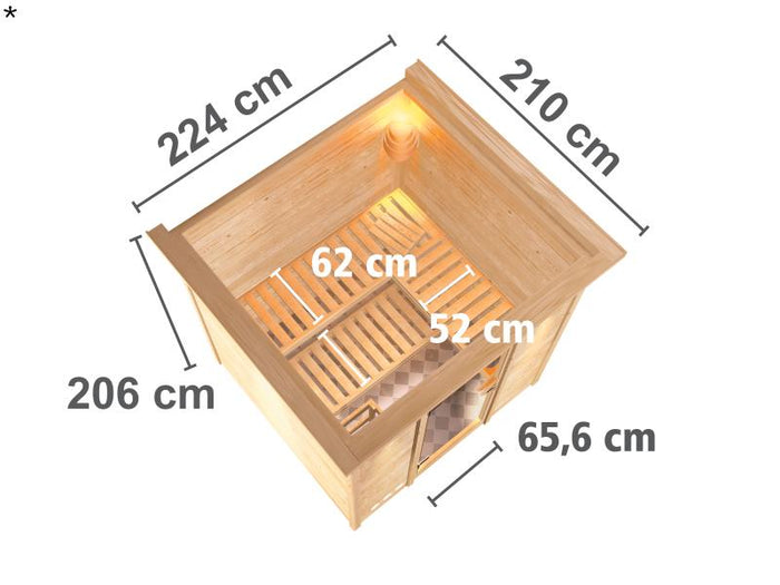 Karibu Sauna Mojave inkl. 9 kW Ofen mit int. Steuerung, mit Dachkranz, mit Klarglas Ganzglastür