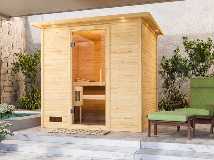 Karibu Sauna Mojave inkl. 9 kW Ofen mit int. Steuerung, mit Dachkranz, mit Klarglas Ganzglastür