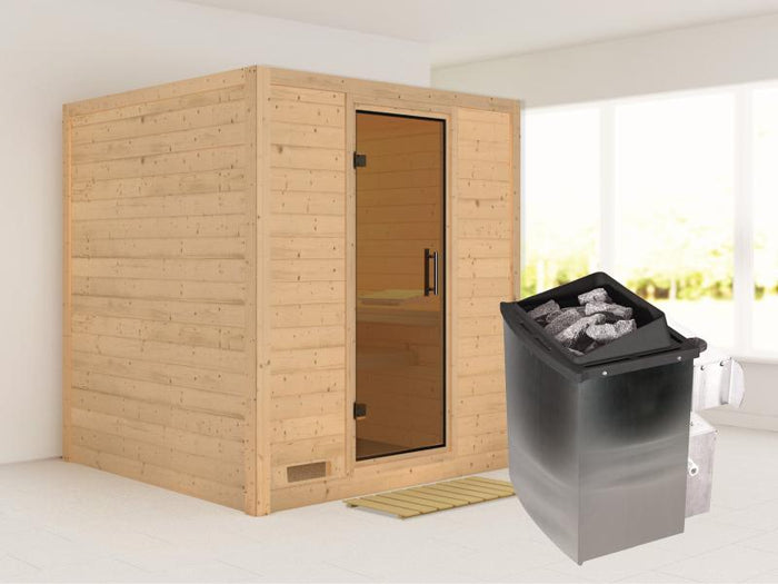 Karibu Sauna Mojave inkl. 9-kW-Ofen mit interner Steuerung, ohne Dachkranz, mit moderner Saunatür