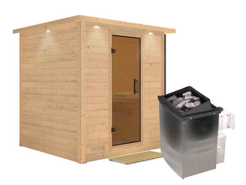 Karibu Sauna Mojave inkl. 9-kW-Ofen mit interner Steuerung, mit Dachkranz, mit moderner Saunatür