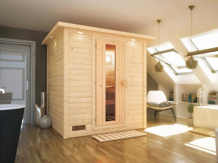 Karibu Sauna Mojave ohne Ofen, mit Dachkranz, mit energiesparender Saunatür