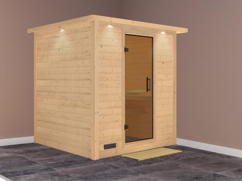 Karibu Sauna Mojave ohne Ofen, mit Dachkranz, mit moderner Saunatür