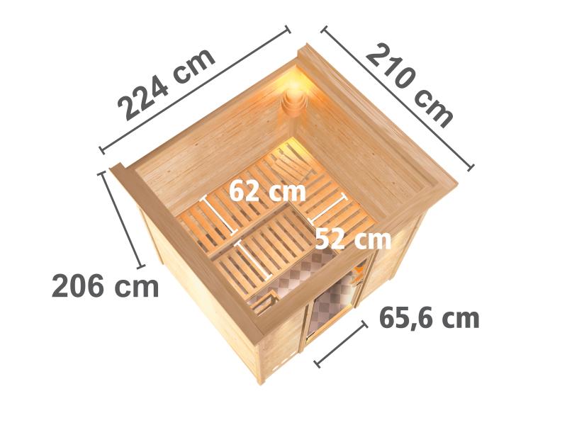 Karibu Sauna Mojave ohne Ofen, mit Dachkranz, mit moderner Saunatür
