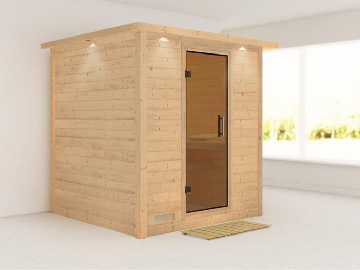 Karibu Sauna Mojave ohne Ofen, mit Dachkranz, mit moderner Saunatür