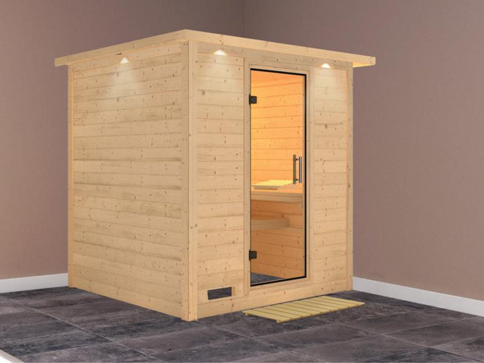 Karibu Sauna Mojave ohne Ofen, mit Dachkranz, mit Klarglas Ganzglastür