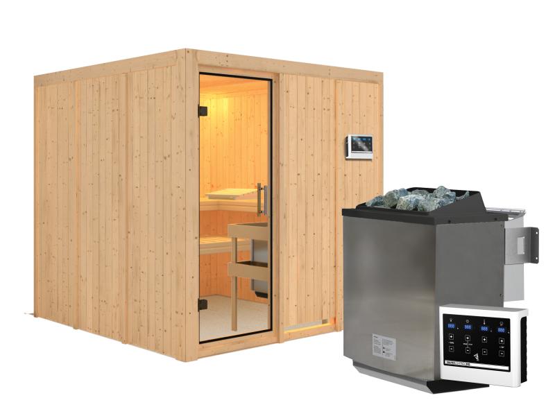 Karibu Sauna Rodin inkl. 9 kW Bio Ofen mit ext. Steuerung, ohne Dachkranz, mit Klarglas Ganzglastür