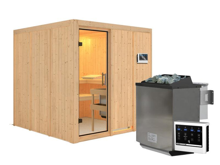 Karibu Sauna Rodin inkl. 9 kW Bio Ofen mit ext. Steuerung, ohne Dachkranz, mit Klarglas Ganzglastür