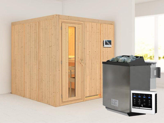 Karibu Sauna Rodin inkl. 9-kW-Bioofen mit externer Steuerung, ohne Dachkranz, mit energiesparender S