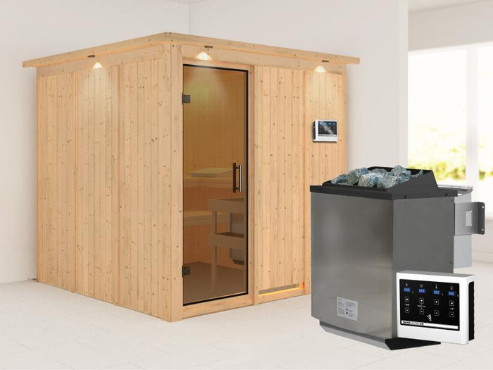 Karibu Sauna Rodin inkl. 9-kW-Bioofen mit externer Steuerung, mit Dachkranz, mit moderner Saunatür