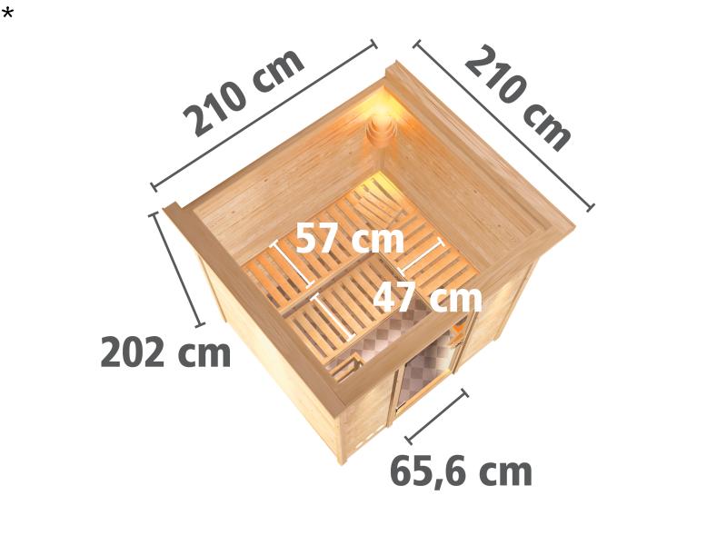 Karibu Sauna Rodin inkl. 9 kW Ofen mit ext. Steuerung, mit Dachkranz, mit Klarglas Ganzglastür