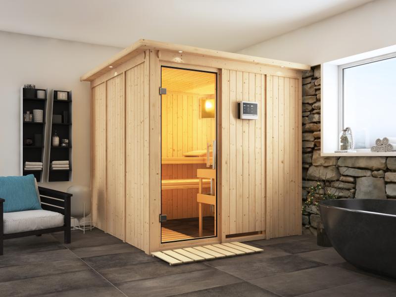 Karibu Sauna Rodin inkl. 9 kW Ofen mit ext. Steuerung, mit Dachkranz, mit Klarglas Ganzglastür