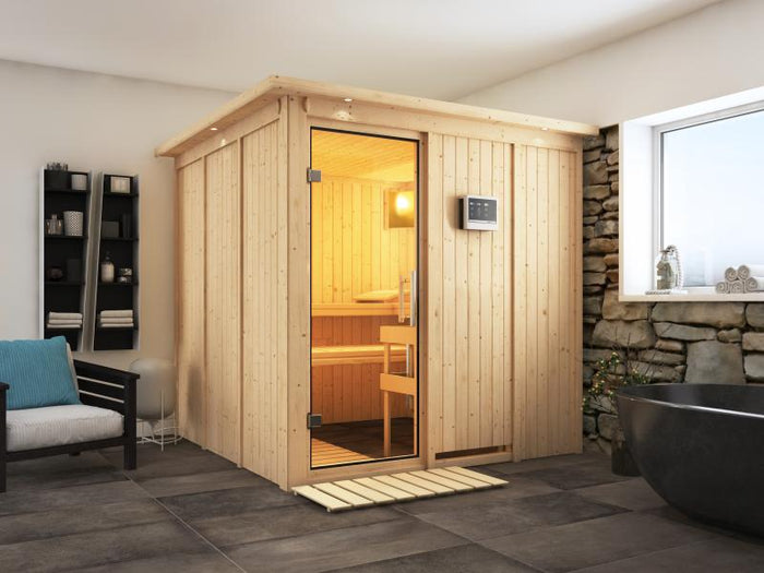 Karibu Sauna Rodin inkl. 9 kW Ofen mit ext. Steuerung, mit Dachkranz, mit Klarglas Ganzglastür