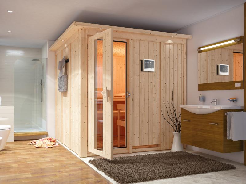 Karibu Sauna Rodin inkl. 9-kW-Ofen mit externer Steuerung, mit Dachkranz, mit energiesparender Sauna