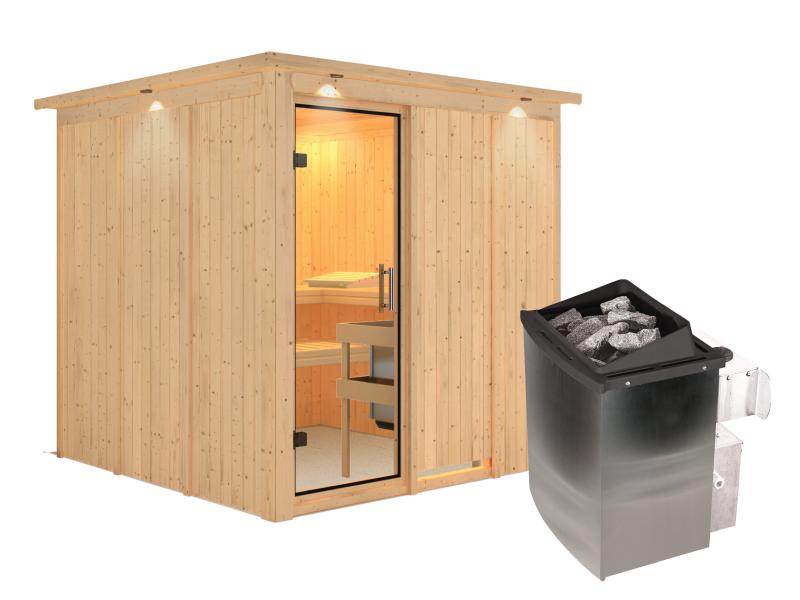 Karibu Sauna Rodin inkl. 9 kW Ofen mit int. Steuerung, mit Dachkranz, mit Klarglas Ganzglastür