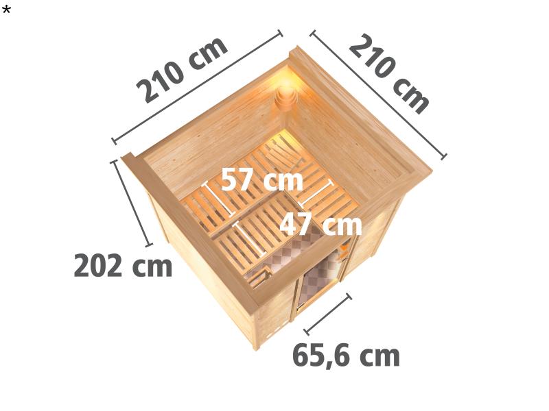 Karibu Sauna Rodin inkl. 9 kW Ofen mit int. Steuerung, mit Dachkranz, mit Klarglas Ganzglastür