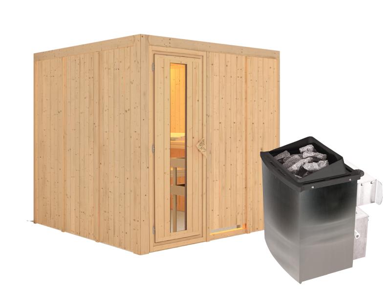 Karibu Sauna Rodin inkl. 9-kW-Ofen mit interner Steuerung, ohne Dachkranz, mit energiesparender Saun