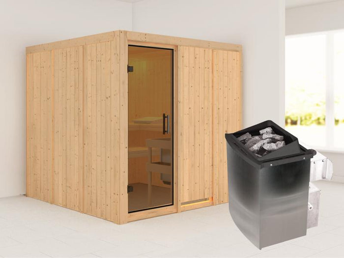 Karibu Sauna Rodin inkl. 9-kW-Ofen mit interner Steuerung, ohne Dachkranz, mit moderner Saunatür
