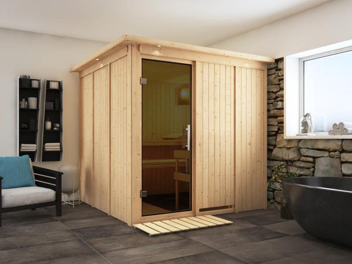 Karibu Sauna Rodin inkl. 9-kW-Ofen mit interner Steuerung, mit Dachkranz, mit moderner Saunatür