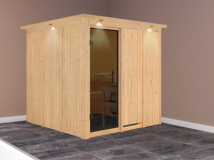 Karibu Sauna Rodin ohne Ofen, mit Dachkranz, mit moderner Saunatür