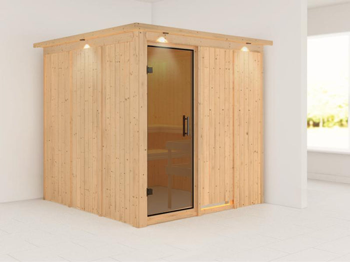 Karibu Sauna Rodin ohne Ofen, mit Dachkranz, mit moderner Saunatür