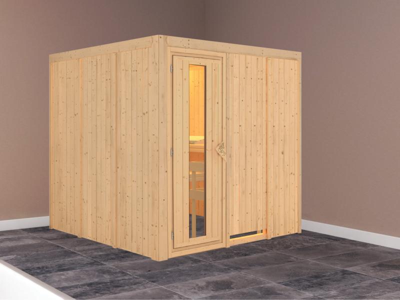 Karibu Sauna Rodin ohne Ofen, ohne Dachkranz, mit energiesparender Saunatür