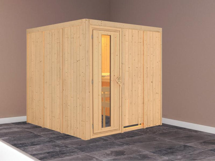 Karibu Sauna Rodin ohne Ofen, ohne Dachkranz, mit energiesparender Saunatür