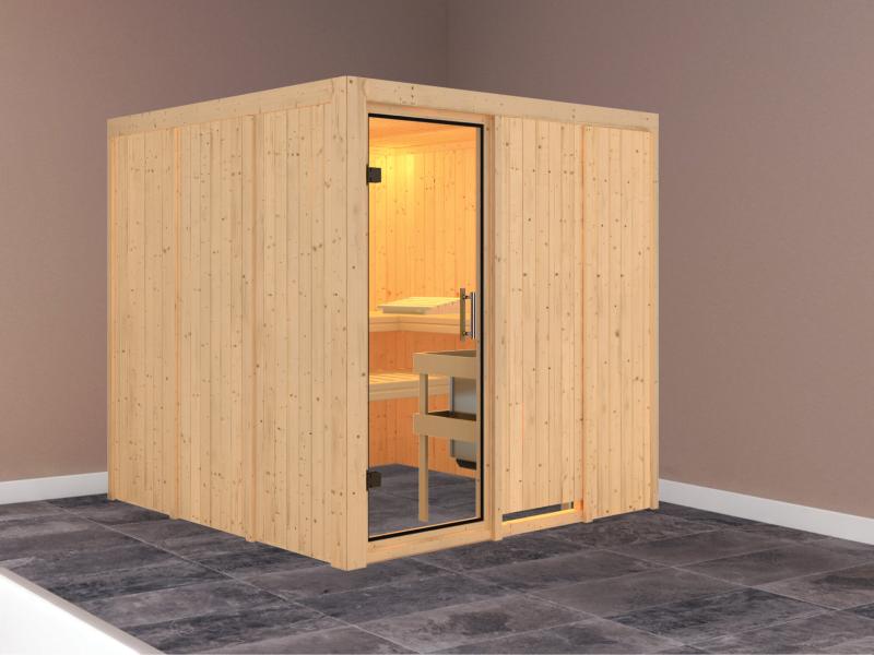 Karibu Sauna Rodin ohne Ofen, ohne Dachkranz, mit Klarglas Ganzglastür