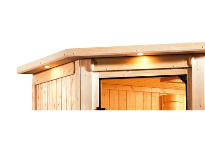 Karibu Sauna Sahib 1 inkl. 9 kW Bioofen ext. Steuerung, mit klassischer Saunatür -mit Dachkranz-