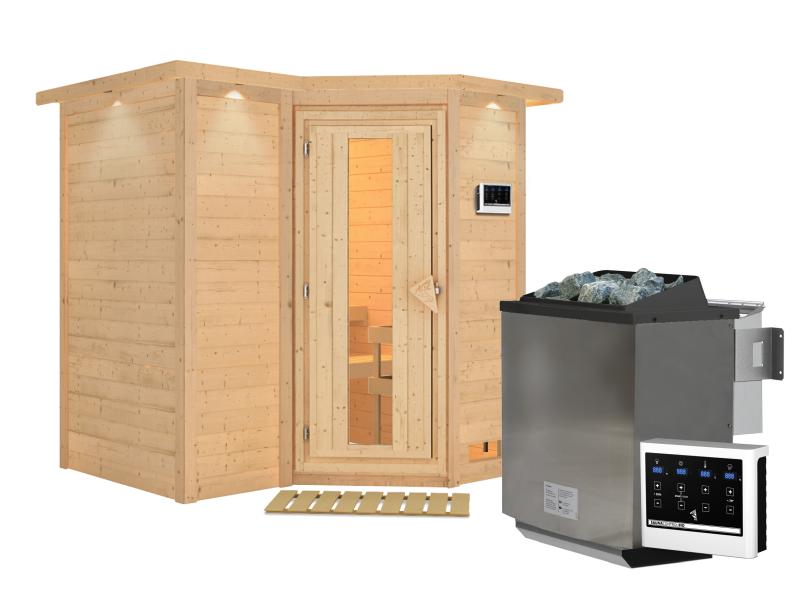 Karibu Sauna Sahib 1 inkl. 9 kW Bioofen ext. Steuerung, mit energiesparender Saunatür -mit Dachkranz