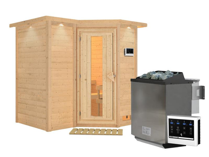 Karibu Sauna Sahib 1 inkl. 9 kW Bioofen ext. Steuerung, mit energiesparender Saunatür -mit Dachkranz