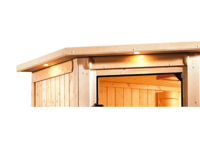 Karibu Sauna Sahib 1 inkl. 9 kW Bioofen ext. Steuerung, mit energiesparender Saunatür -mit Dachkranz
