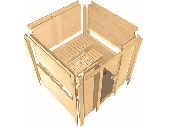 Karibu Sauna Sahib 1 inkl. 9 kW Bioofen ext. Steuerung, mit energiesparender Saunatür -mit Dachkranz