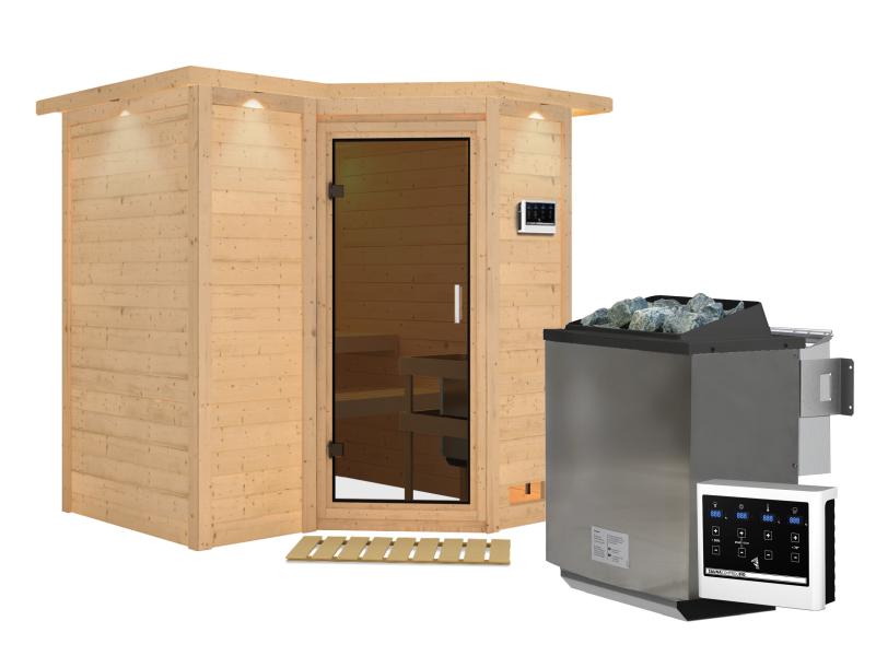 Karibu Sauna Sahib 1 inkl. 9 kW Bioofen ext. Steuerung, mit moderner Saunatür -mit Dachkranz-