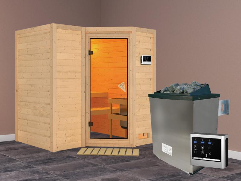 Karibu Sauna Sahib 1 inkl. 9 kW Ofen ext. Steuerung, mit klassischer Saunatür -ohne Dachkranz-