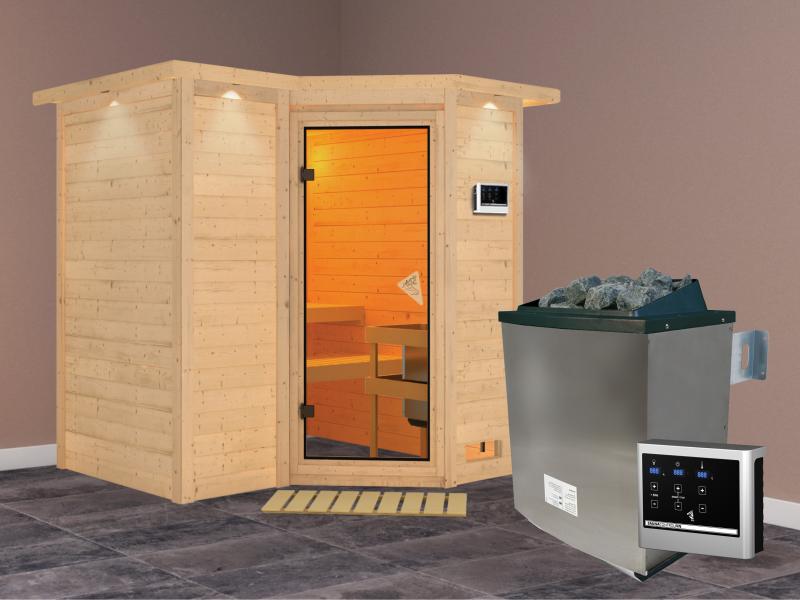 Karibu Sauna Sahib 1 inkl. 9 kW Ofen ext. Steuerung, mit klassischer Saunatür -mit Dachkranz-