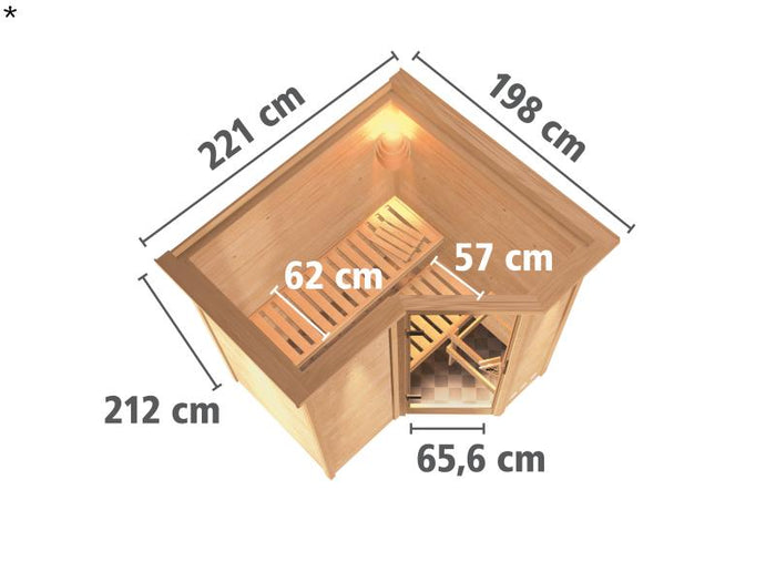 Karibu Sauna Sahib 1 inkl. 9 kW Ofen ext. Steuerung, mit klassischer Saunatür -mit Dachkranz-