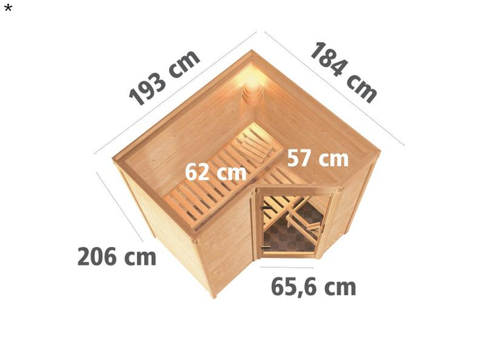 Karibu Sauna Sahib 1 inkl. 9 kW Ofen ext. Steuerung, mit moderner Saunatür -ohne Dachkranz-