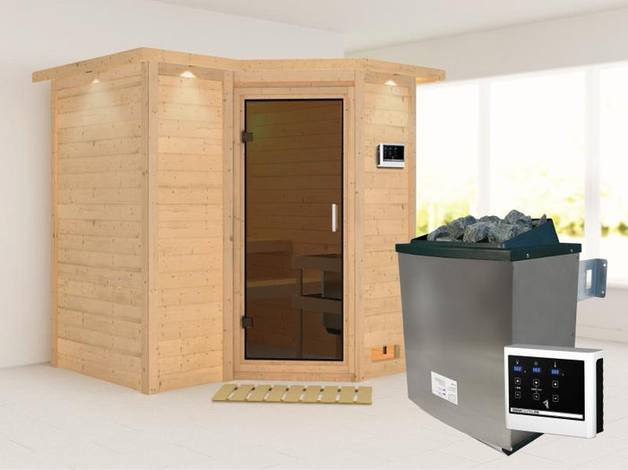 Karibu Sauna Sahib 1 inkl. 9 kW Ofen ext. Steuerung, mit moderner Saunatür, -mit Dachkranz-