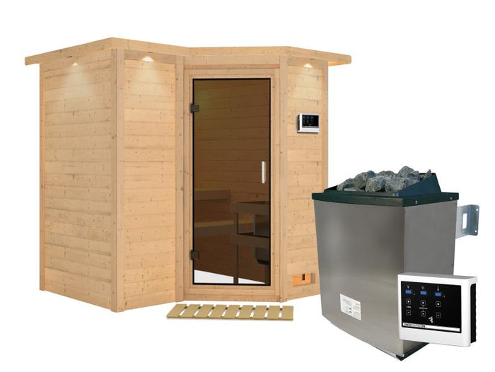 Karibu Sauna Sahib 1 inkl. 9 kW Ofen ext. Steuerung, mit moderner Saunatür, -mit Dachkranz-