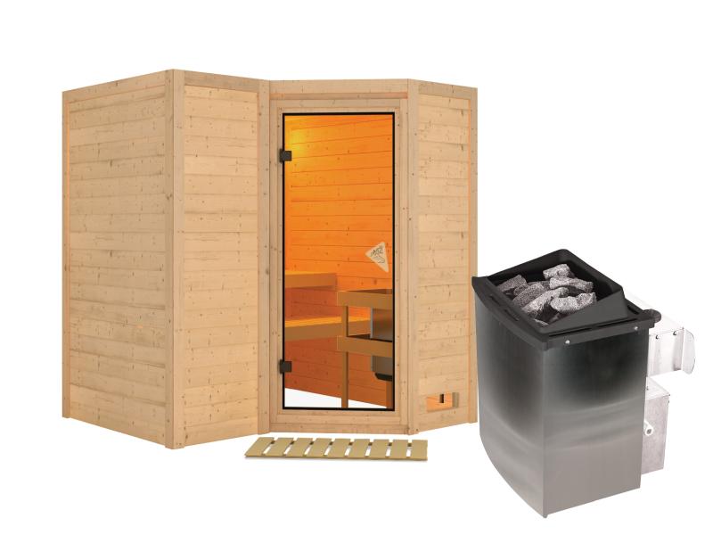 Karibu Sauna Sahib 1 inkl. 9 kW Ofen integr. Steuerung, mit klassischer Saunatür  -ohne Dachkranz-