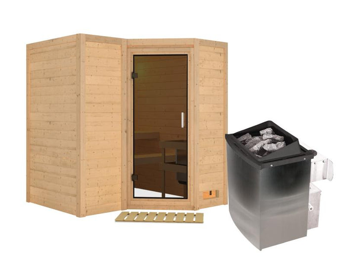 Karibu Sauna Sahib 1 inkl. 9 kW Ofen integr. Steuerung, mit moderner Saunatür -ohne Dachkranz-