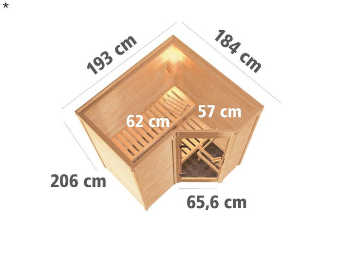 Karibu Sauna Sahib 1 inkl. 9 kW Ofen integr. Steuerung, mit moderner Saunatür -ohne Dachkranz-